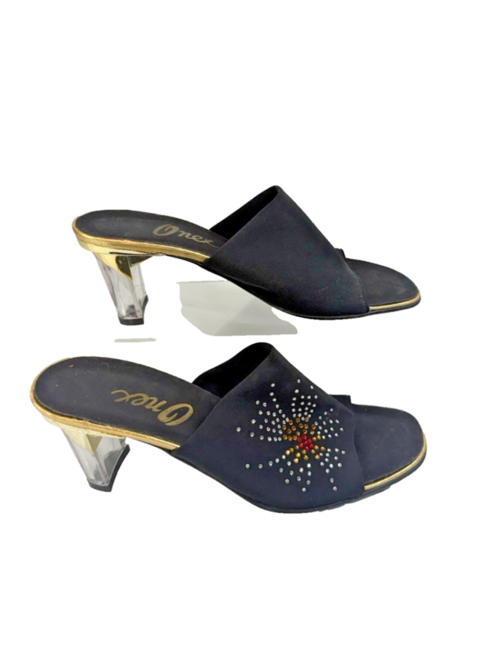 Onex brand black slip-on sandals clear wedge heel rhinestone embellishments Sz 8